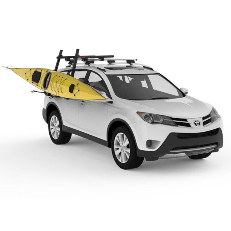 A car with a lift-assist kayak carrier