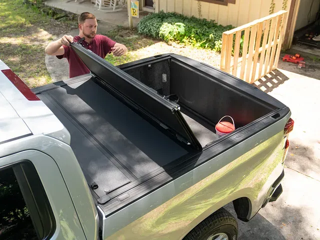 a truck with a hard folding tonneau cover