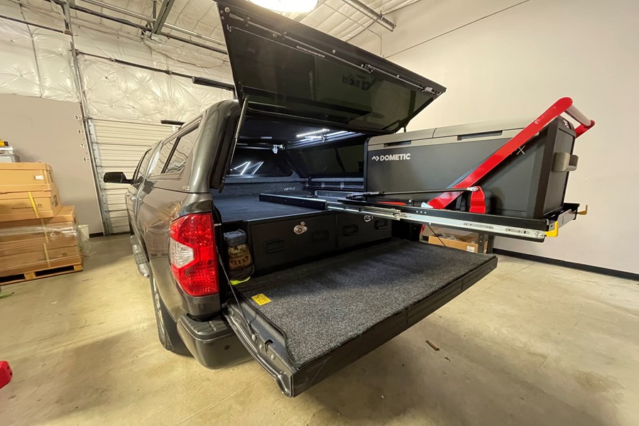 Custom drop slide installation on a Tundra&#39;s Truck Vault bed system using the Dometic CFX3 75DZ